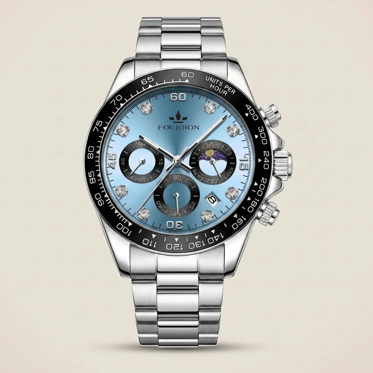 White steel band stainless steel rectangular quartz calendar analog men’s watch at three-quarter angle showing calendar display and coated glass crystal